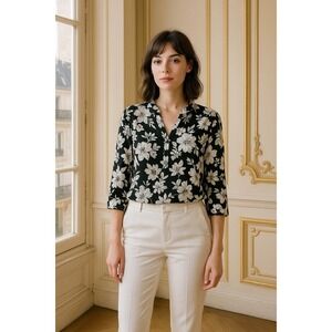 Croft‎ & Barrow Blouse Top Floral Print 3/4 Sleeve Button V Neck